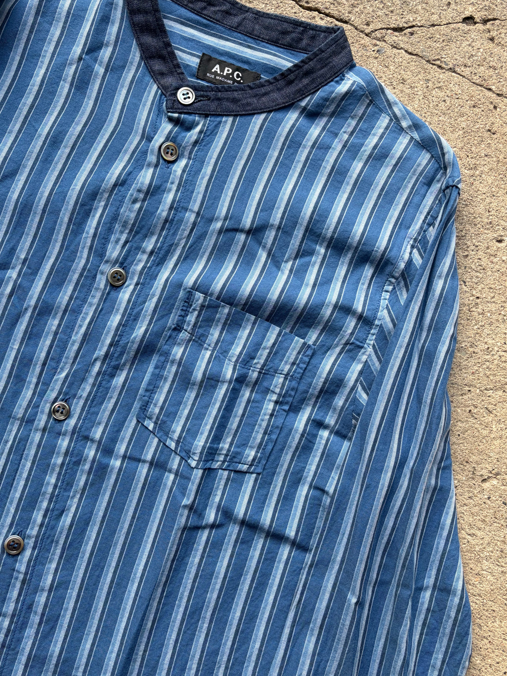 A.P.C Mandarin Collar Blue Stripe Shirt (M)