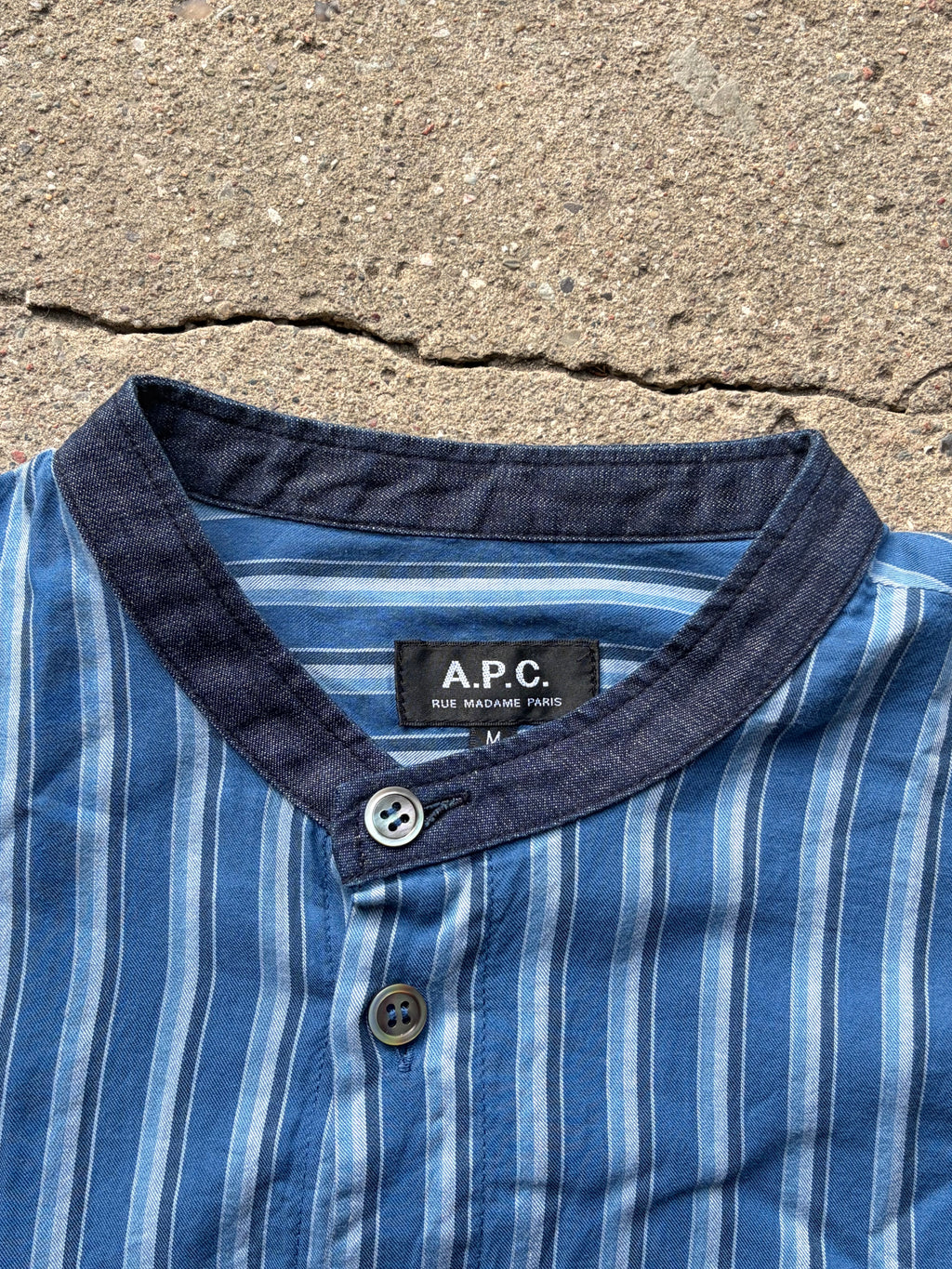 A.P.C Mandarin Collar Blue Stripe Shirt (M)