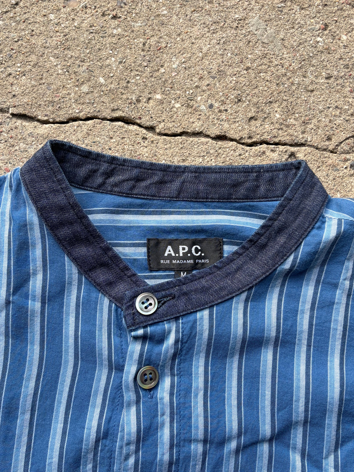 A.P.C Mandarin Collar Blue Stripe Shirt (M)