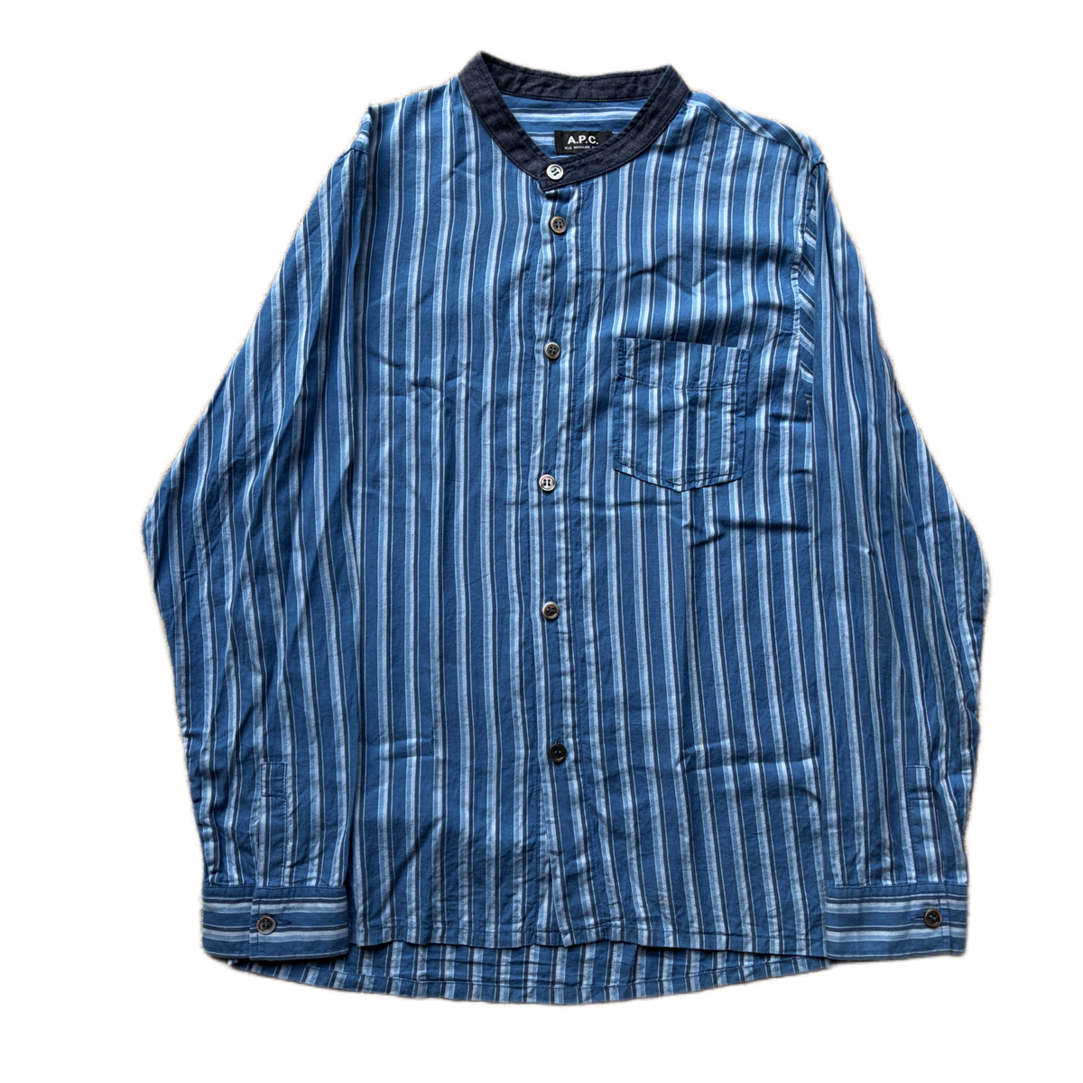 A.P.C Mandarin Collar Blue Stripe Shirt (M)